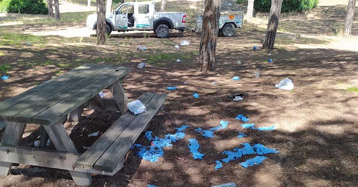 Guantes guantes desechables y botellas, incivismo en los pinares de El Puerto