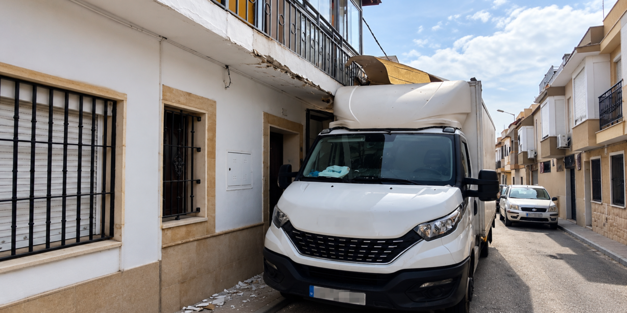 Enorme susto en El Puerto tras quedar un camión encajado contra una vivienda